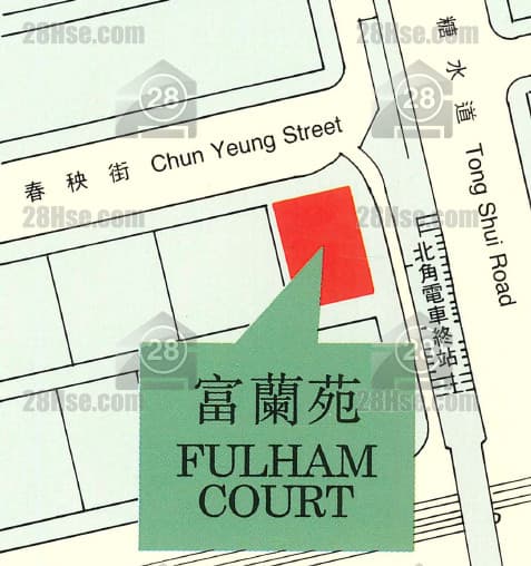 28Hse 香港屋網: 富蘭苑 / Fulham Court estate exterior at 糖水道5號, the building containing the target home; not a care-home interior photo